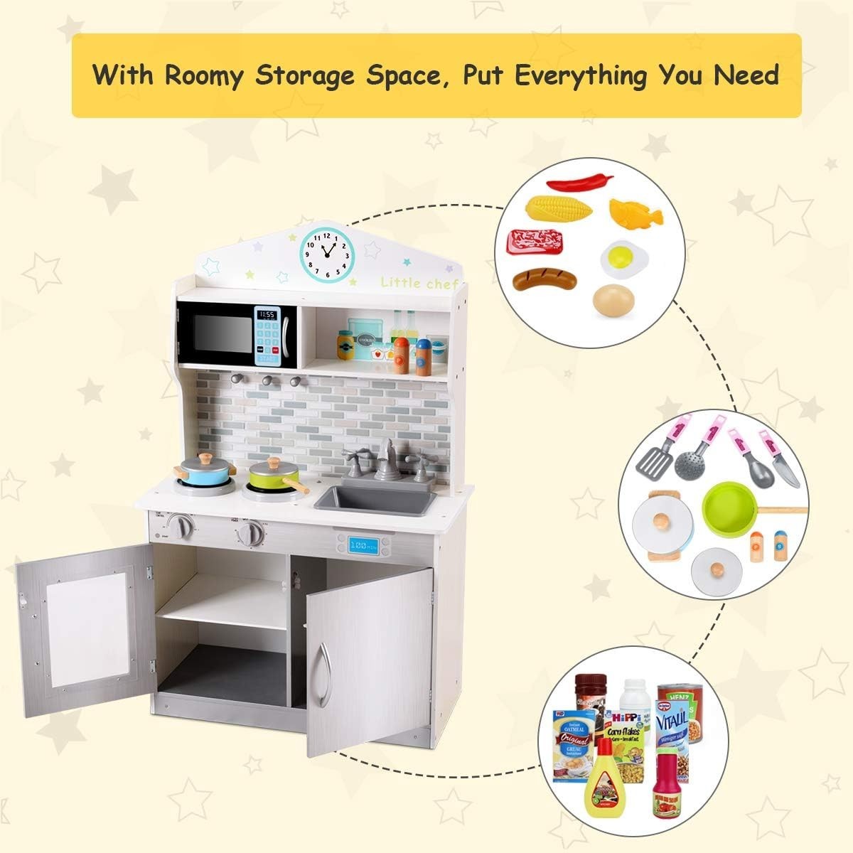 Kids Wooden Play Kitchen Silver w/ Microwave Stove Sink Toy Set