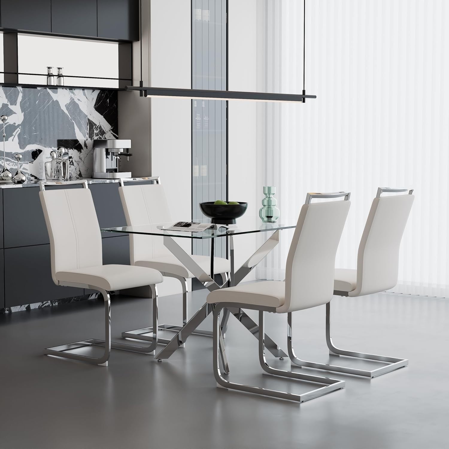Rectangular Tempered Glass Dining Table Set with 4 Ergonomic PVC Chairs