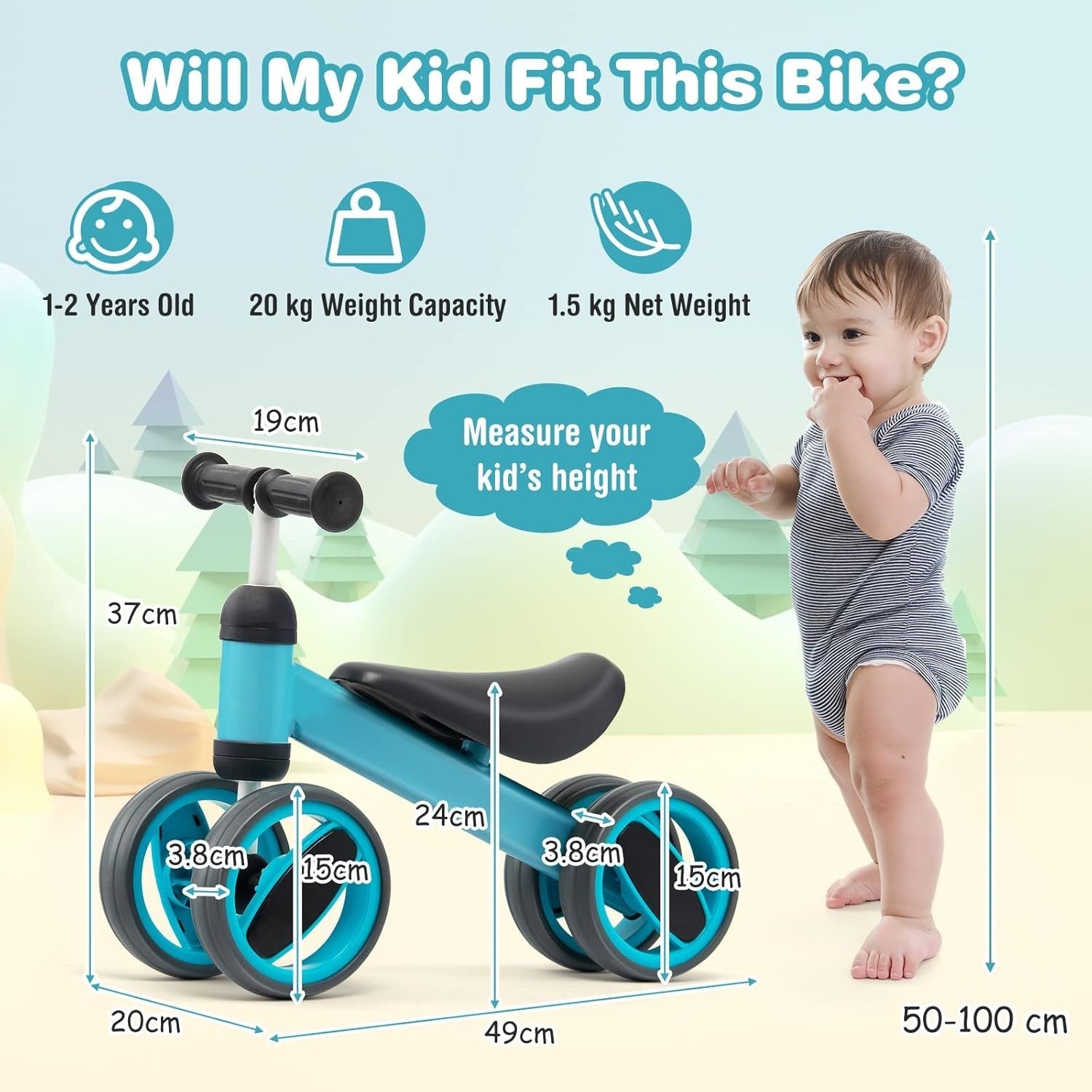 Baby Balance Bike 4 Wheel Toddler Walker Ride On No Pedal Age 1-2 Blue