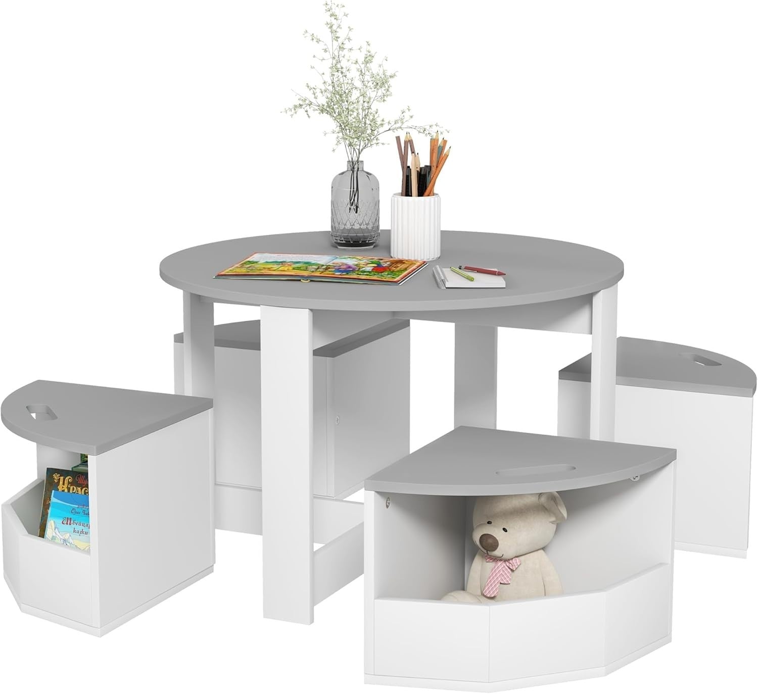 Kids Table and 4 Chairs with Storage Set Grey Round Playroom Activity Desk