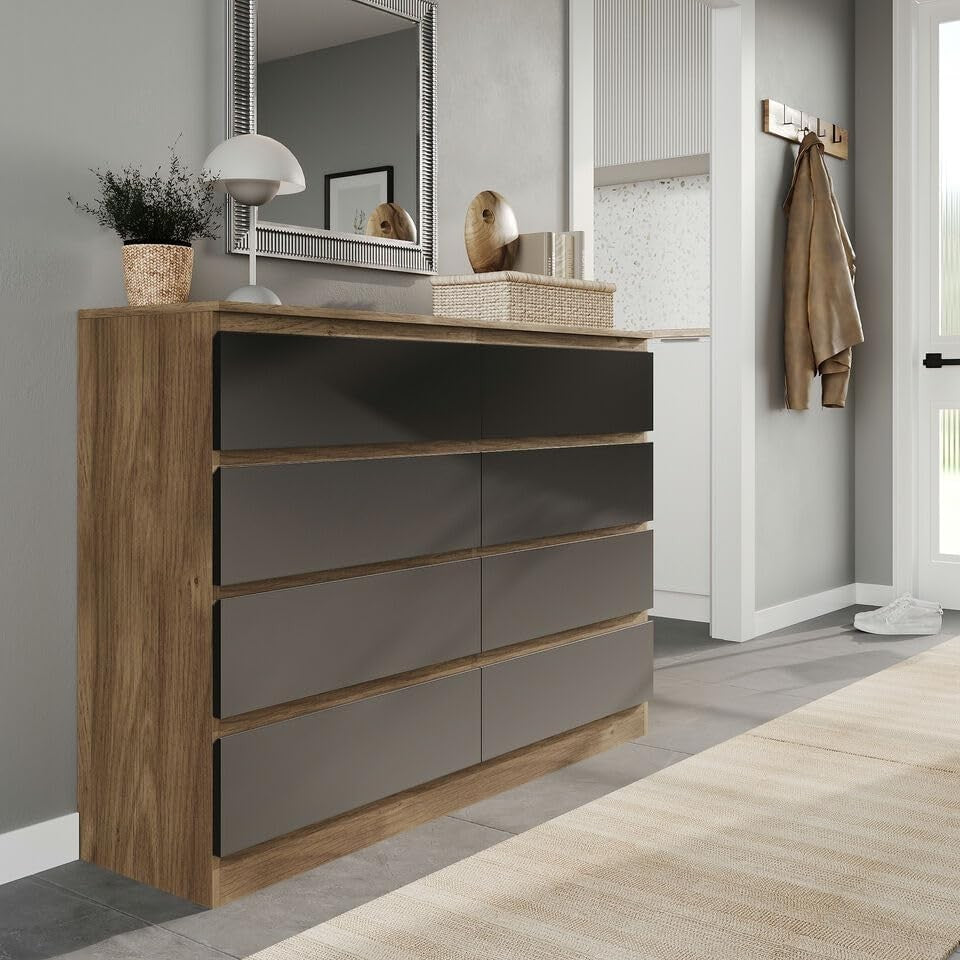 Modern Oak Black 8 Drawer Chest Cabinet Bedroom Dresser Storage Unit
