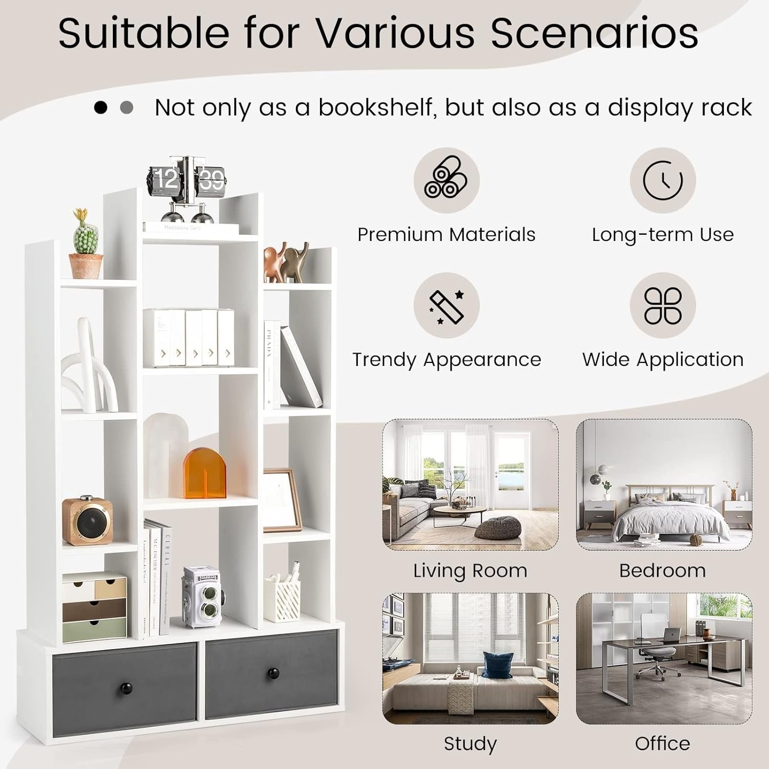 12-Tier White Wooden Bookshelf with 2 Foldable Drawers, Waterproof Storage