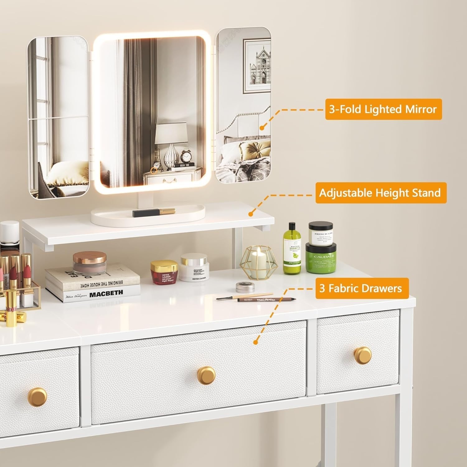 Vanity Makeup Dressing Table Desk 3-Fold LED Mirror Adjustable Height 3 Drawers
