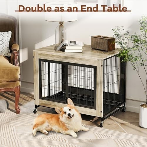 Luxury Indoor Dog Crate Furniture with Wheels, Pull-Out Tray & 3 Doors