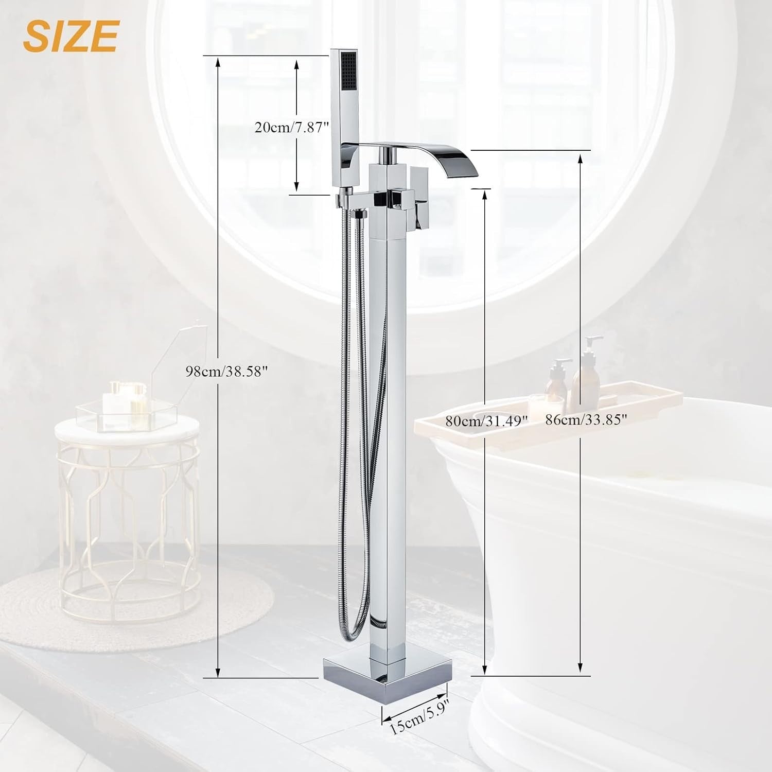 Chrome Freestanding Bath Mixer Tap with Handheld Shower Floor Mounted Brass