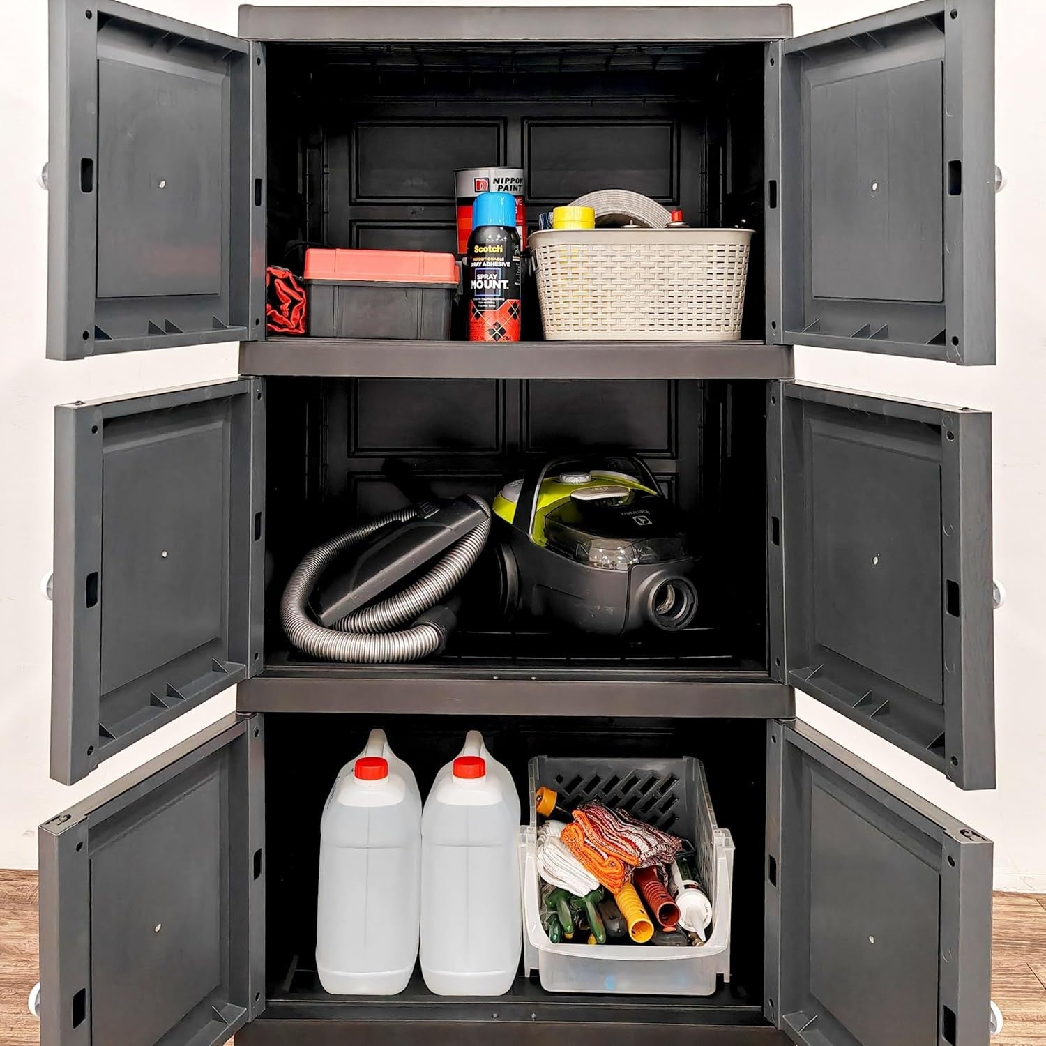 3 Tier Grey Plastic Storage Cabinet Cupboard Shelving Unit for Garage