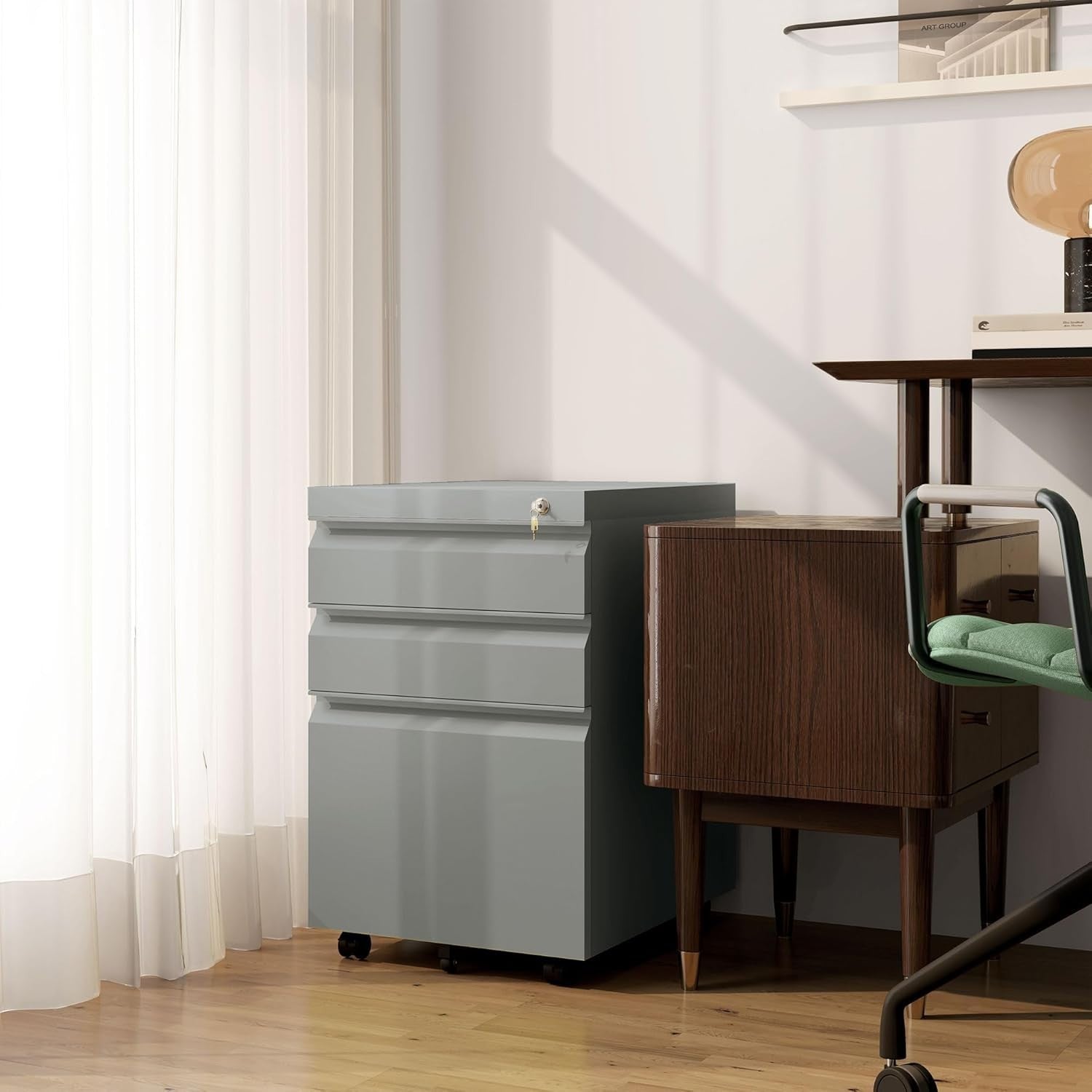 Grey 3 Drawer Lockable File Cabinet 39x48x60cm Mobile Alloy Steel
