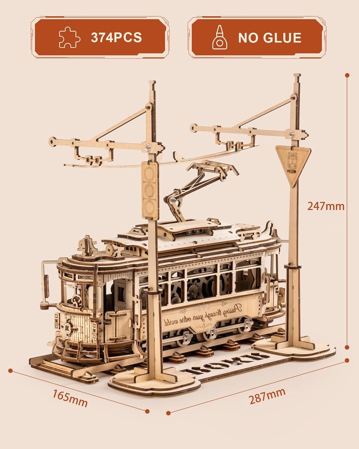 Interactive Wooden 3D Puzzle Tram Model Kit with Mechanical Gears