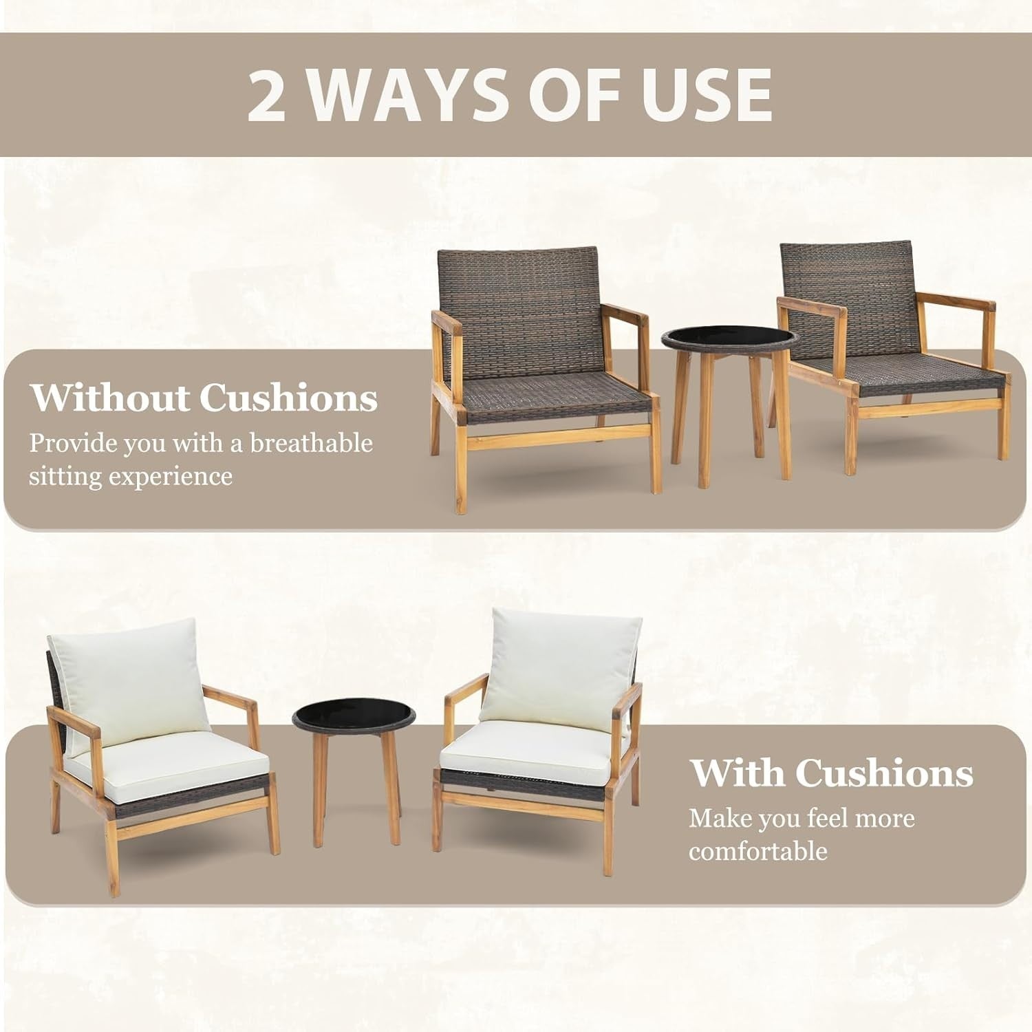 Luxury Acacia Garden Armchair Set with Cushions & Glass Table Patio Balcony