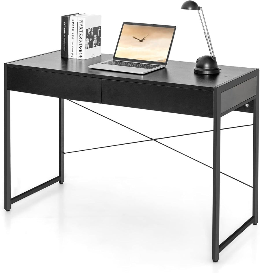 Modern Black Computer Desk w/Drawers | Metal Frame Laptop Workstation