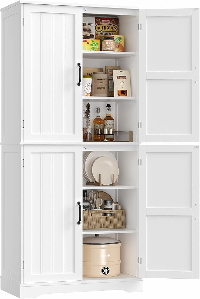 Modern White Tall Kitchen Storage Cabinet 180cm Pantry Cupboard with 4 Doors