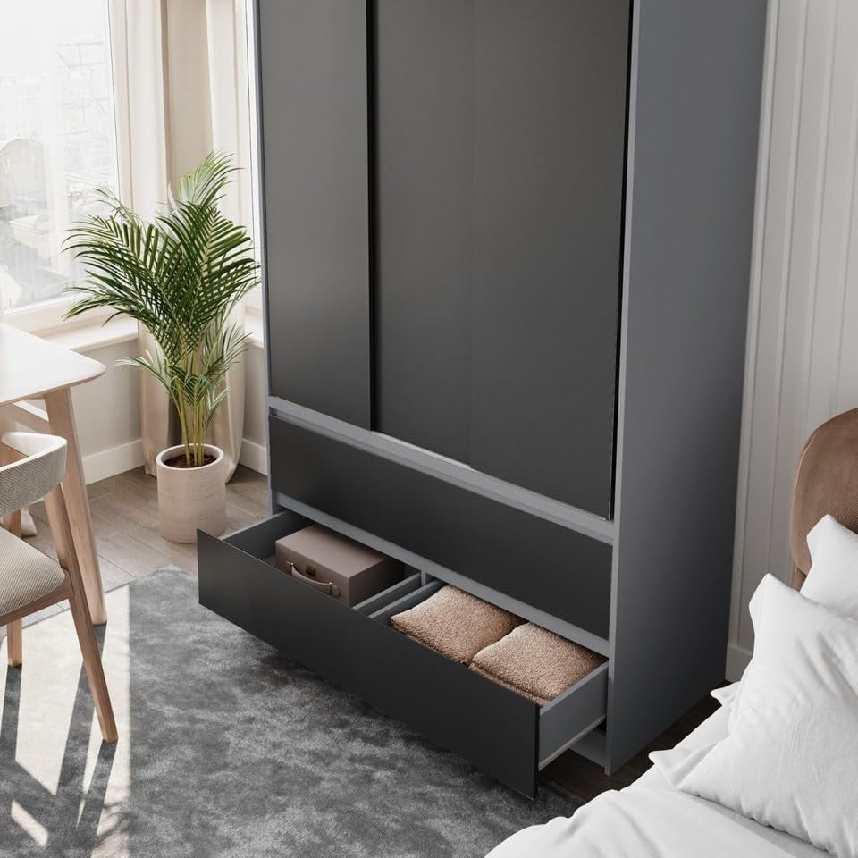 Black Sliding Door Wardrobe with 4 Drawers & Hanging Rail – Space Saver
