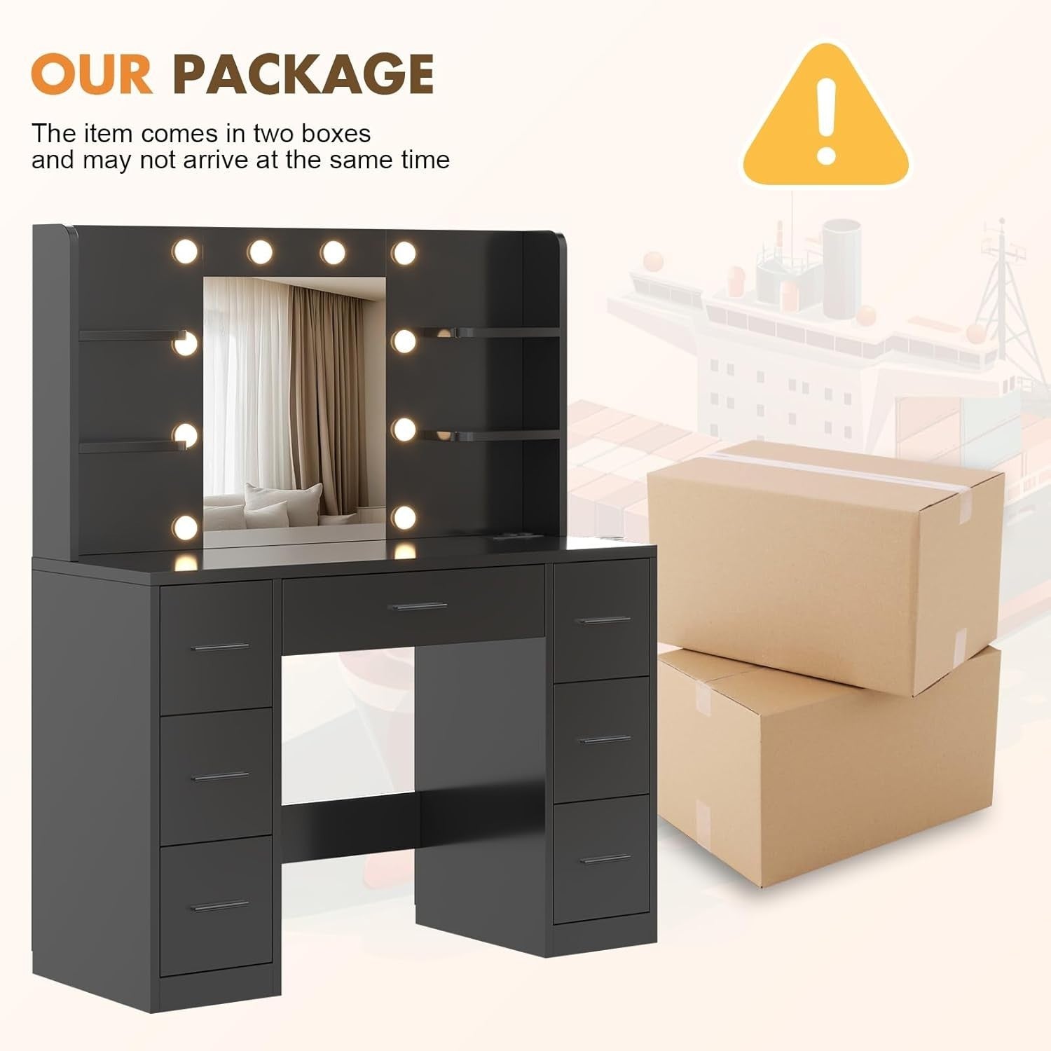 Black Modern Vanity Makeup Dressing Table Desk w/ Mirror LED Lights Power Outlet