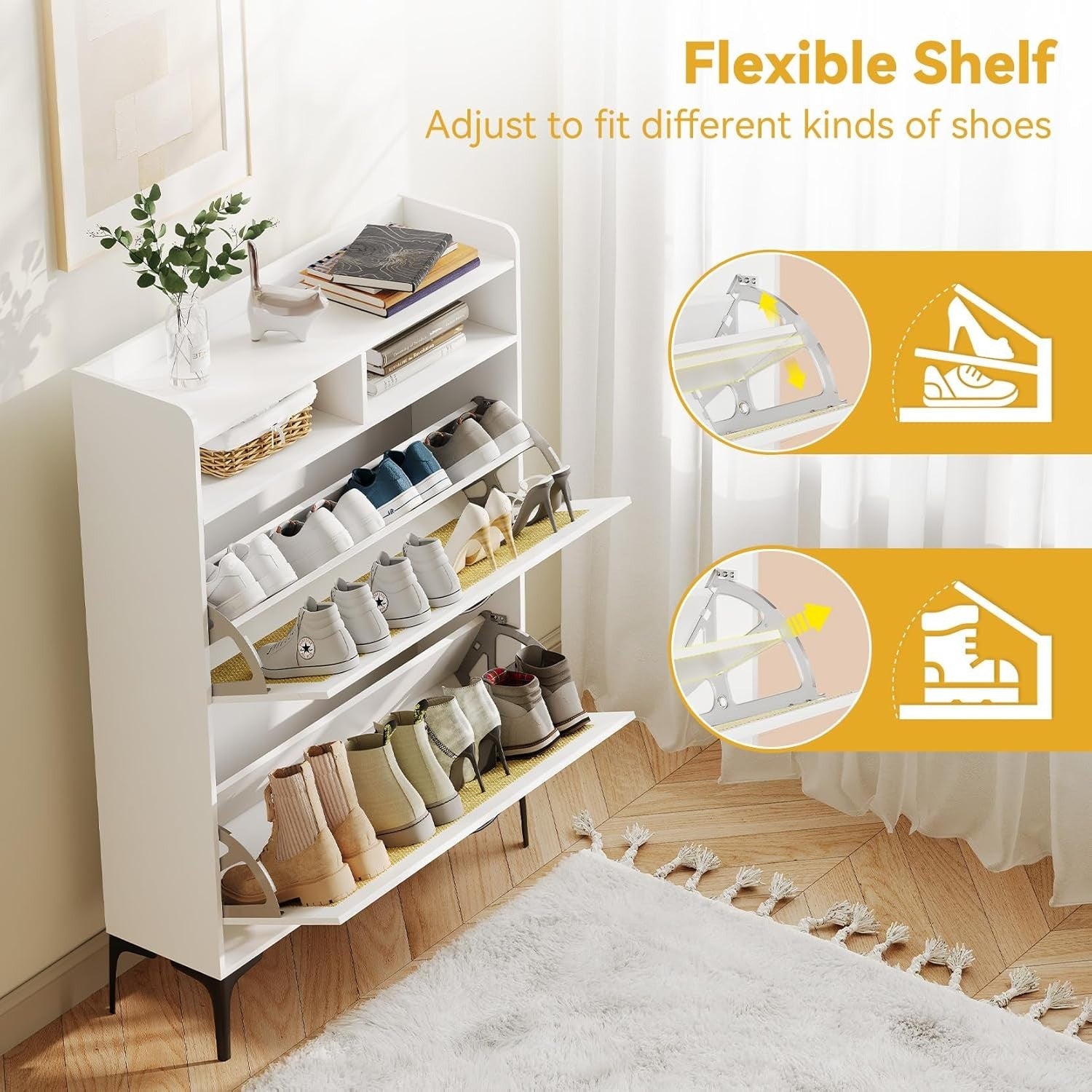 Slim Rattan White Shoe Cabinet with Flip Drawers & Open Shelves 80x24x114cm