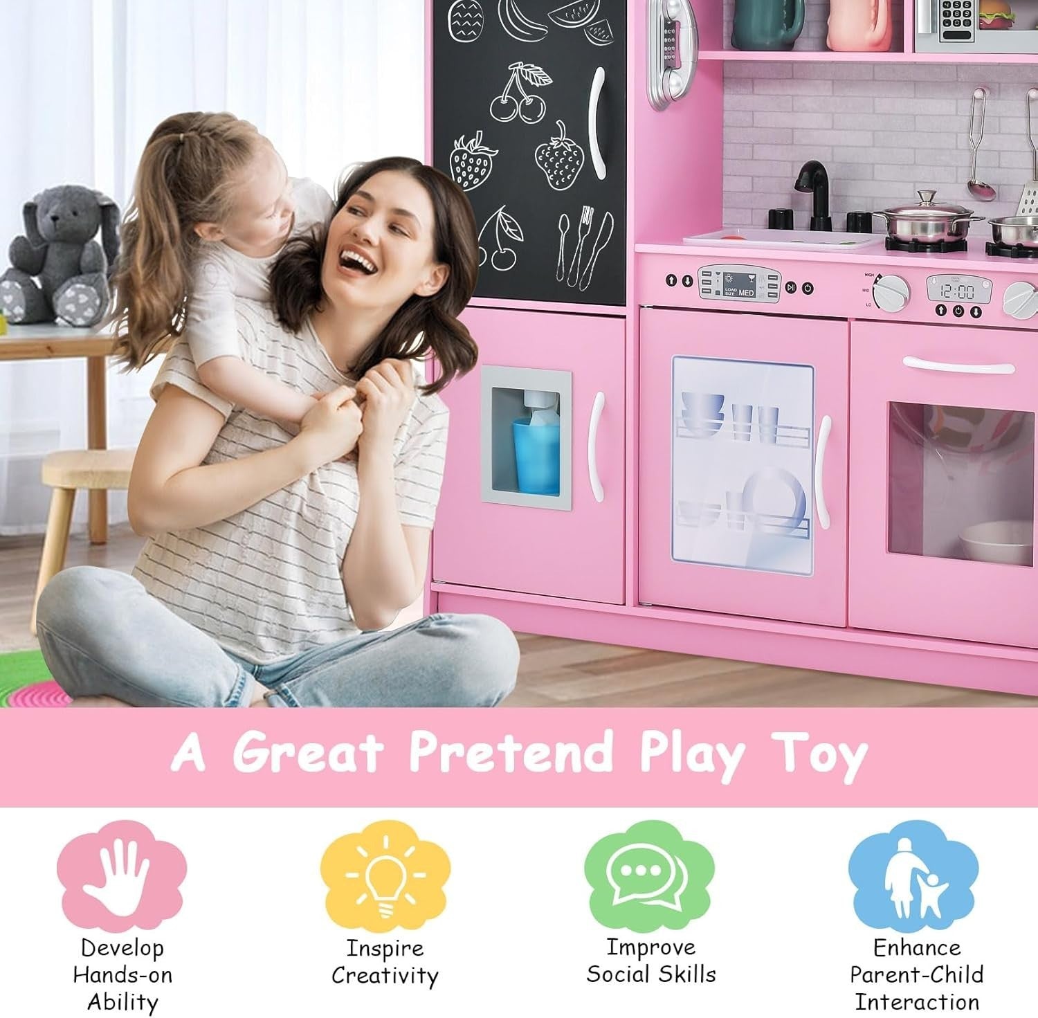 Wooden Kids Play Kitchen Pink w/ Chalkboard Ice Maker Microwave