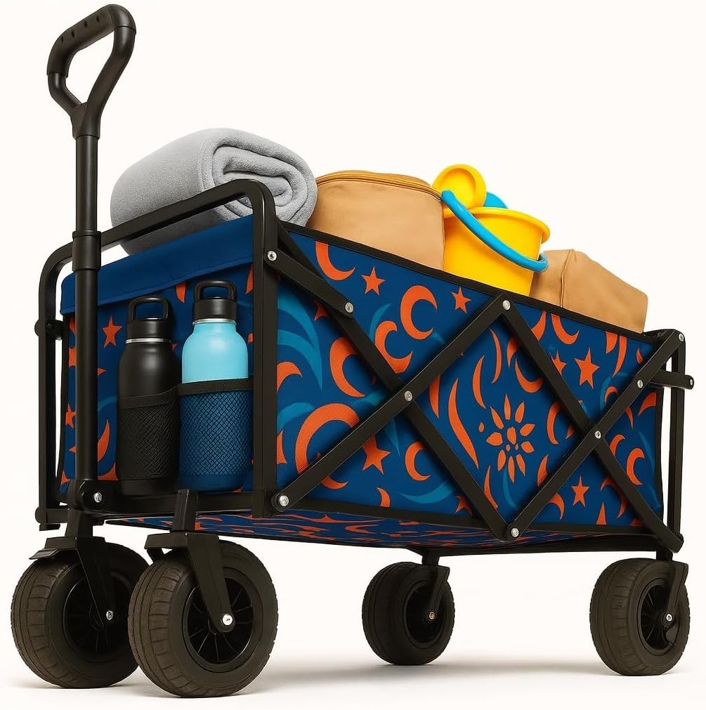 Collapsible Festival Garden Wagon Cart All Terrain Wheels Floral Pattern Navy