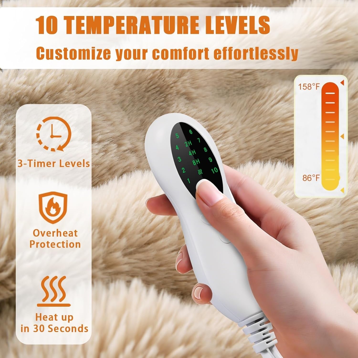 Large Electric Heated Throw 180x150cm Faux Fur Fast Heat Auto Shut