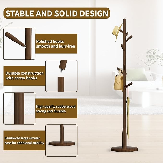 Dark Walnut Coat Rack 8 Hooks Solid Wood Round Base Freestanding Stand