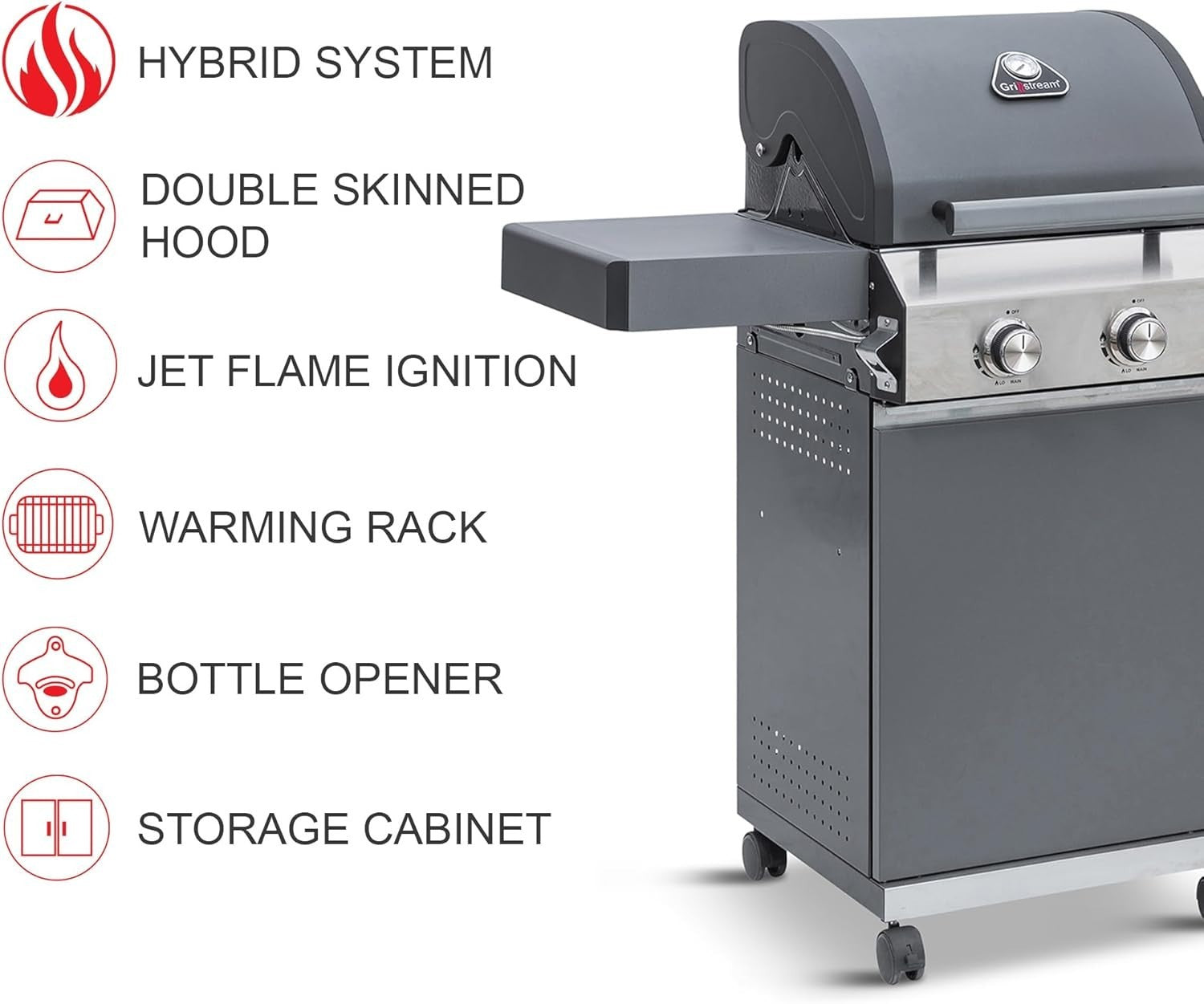 Hybrid 2 Burner Gas & Charcoal BBQ Grill Freestanding with Griddle & Wheels