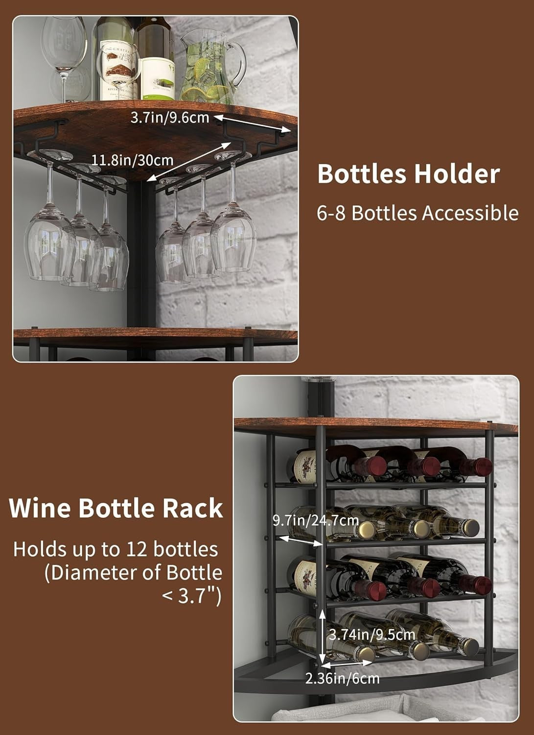 Corner Wine Bar Cabinet 5-Tier Industrial Wine Rack with Glass Holder