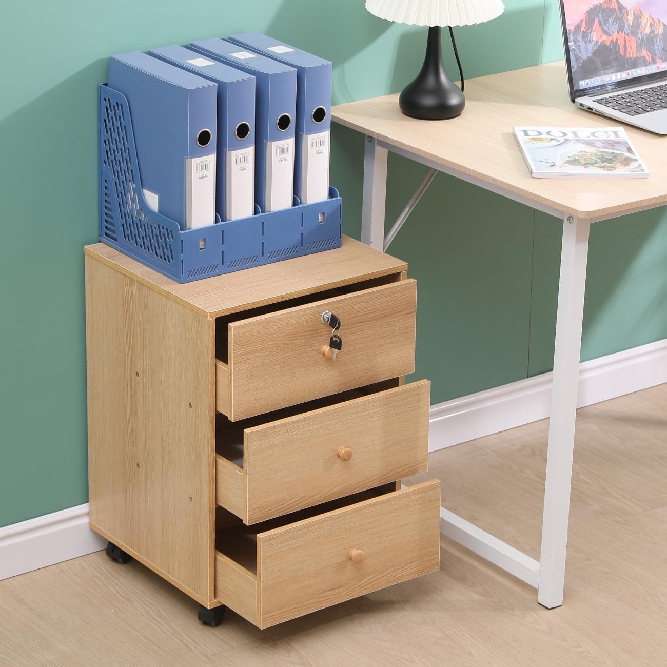 Oak Rolling Lockable Drawer Cabinet 3 Tier Under Desk File Storage
