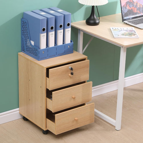 Oak Rolling Lockable Drawer Cabinet 3 Tier Under Desk File Storage