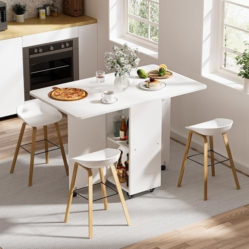 White Folding Drop Leaf Dining Table with Storage Drawer Shelves Space Saving