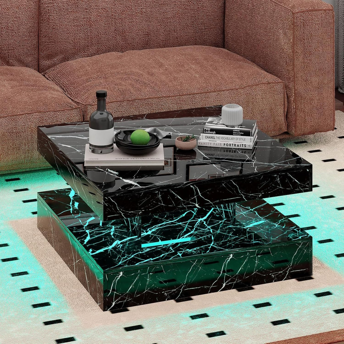 Black Marble LED Coffee Table with Storage, 2-Tier Square 78x78cm