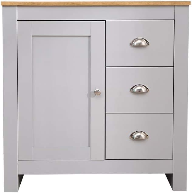 Grey Oak Wooden Side Cabinet 1 Door 3 Drawer Storage Cupboard 79cm