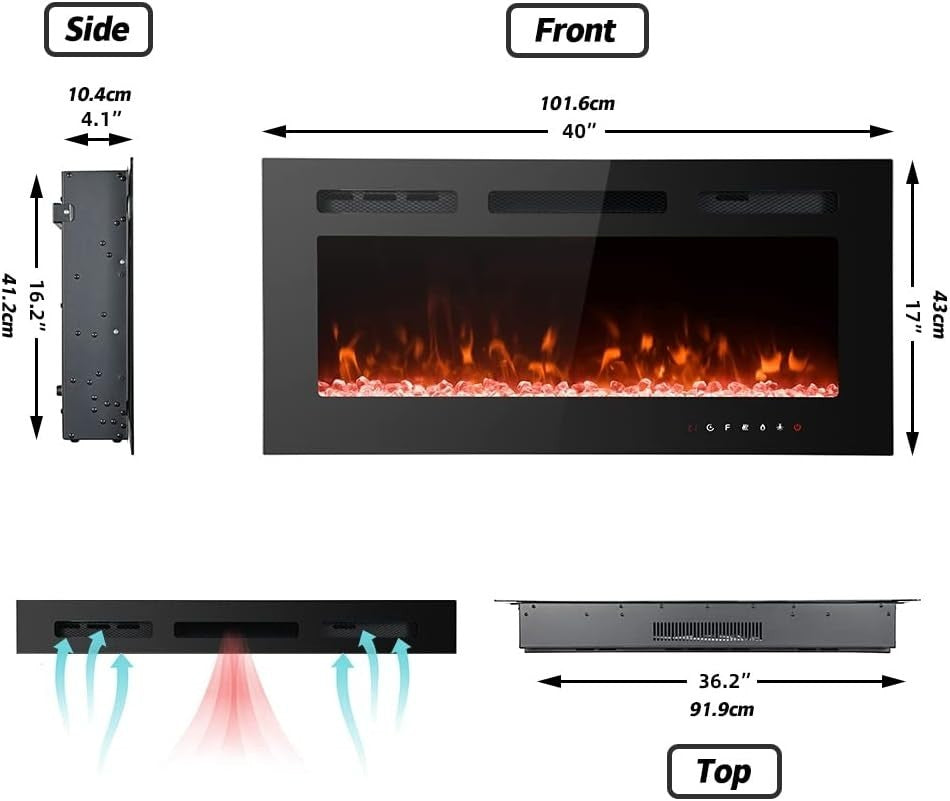 102cm Wall Mounted Electric Fireplace LED Fire 12 Flame Remote Heat
