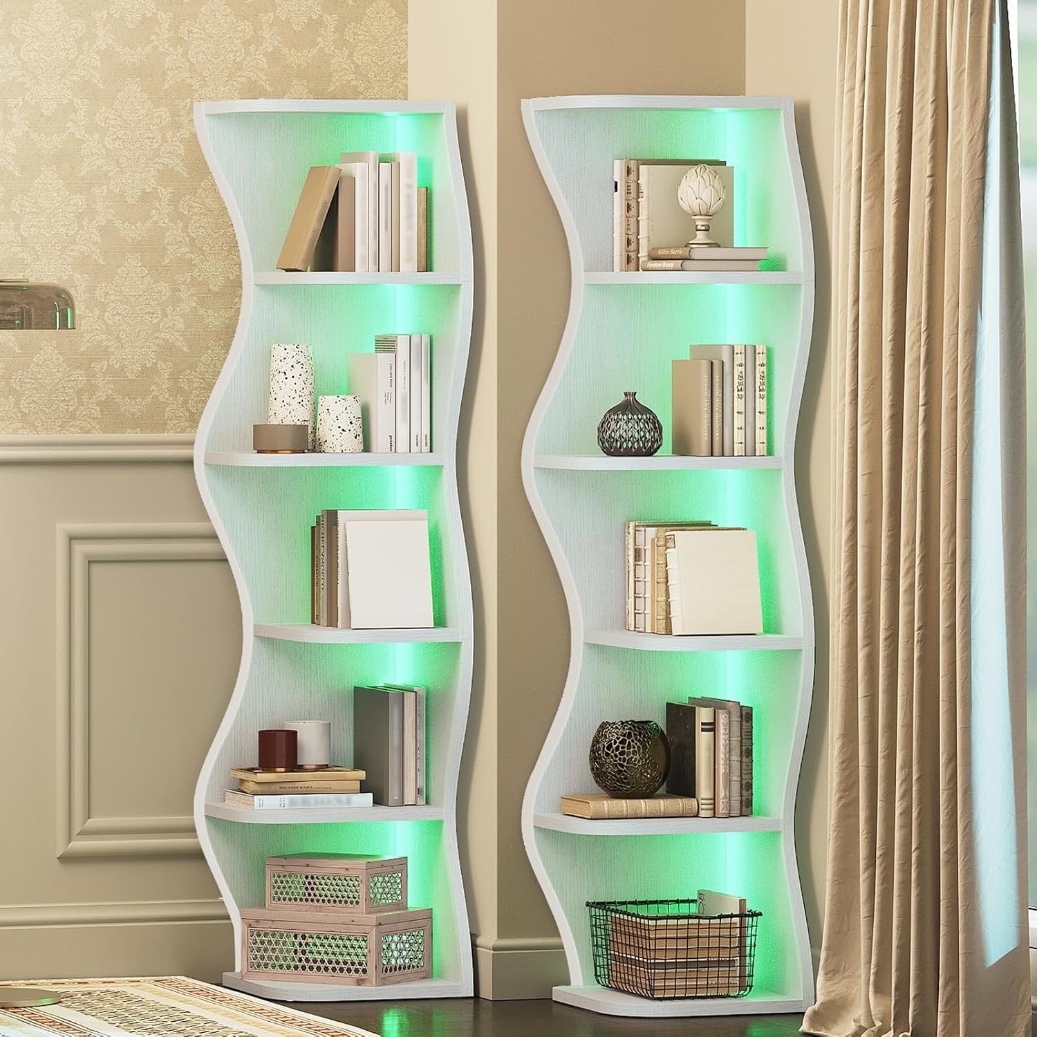 Corner LED Bookshelf White Zigzag 6-Tier Narrow Display Shelving Unit