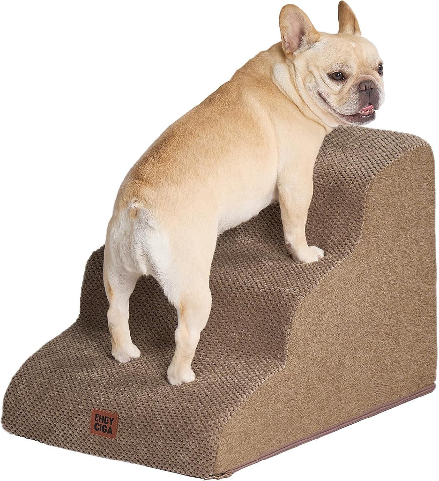3 Step Dog Stairs for Bed Sofa Non Slip Foam Pet Steps Washable Camel