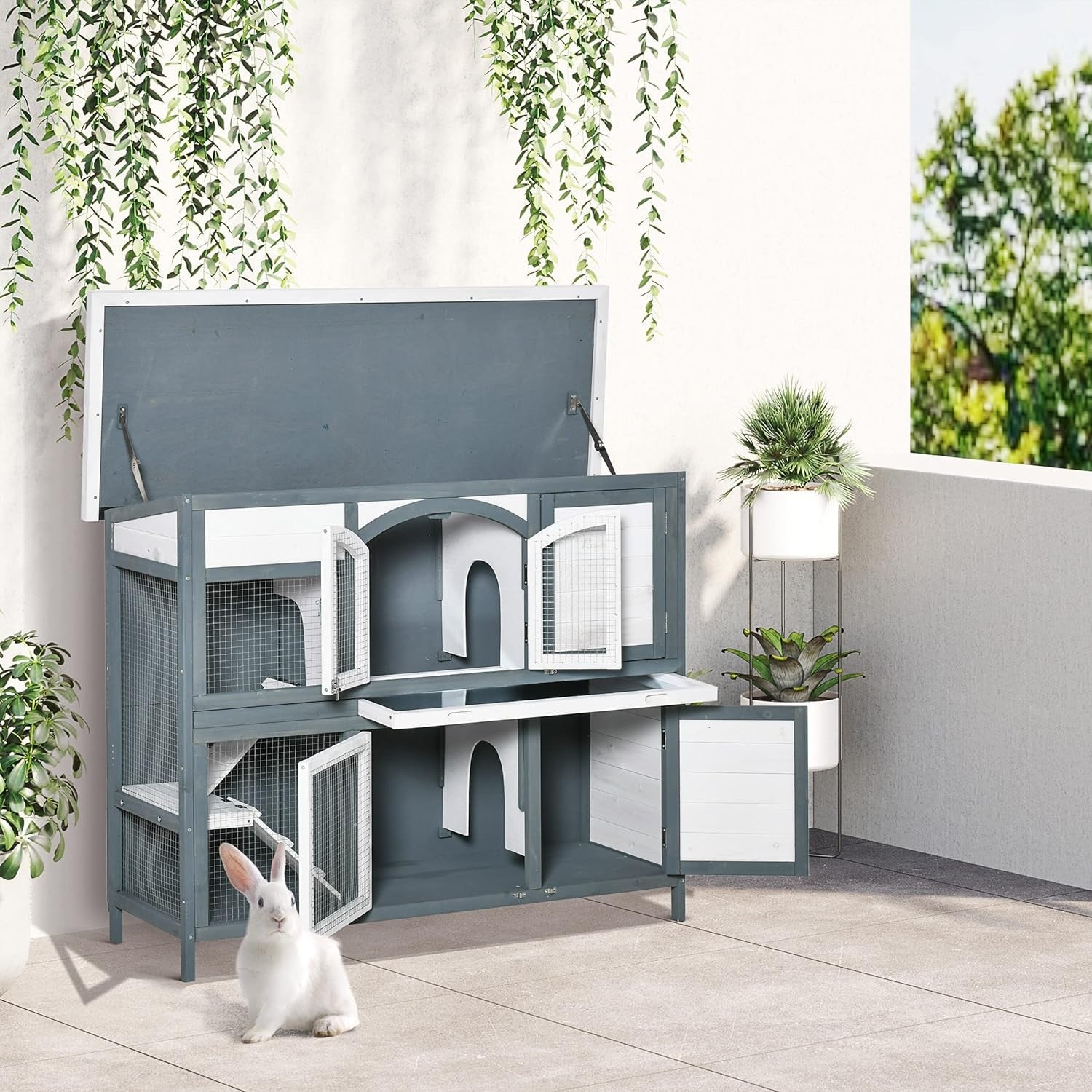 Large 2 Tier Wooden Rabbit Hutch Guinea Pig Cage with Ramp Divider Roof