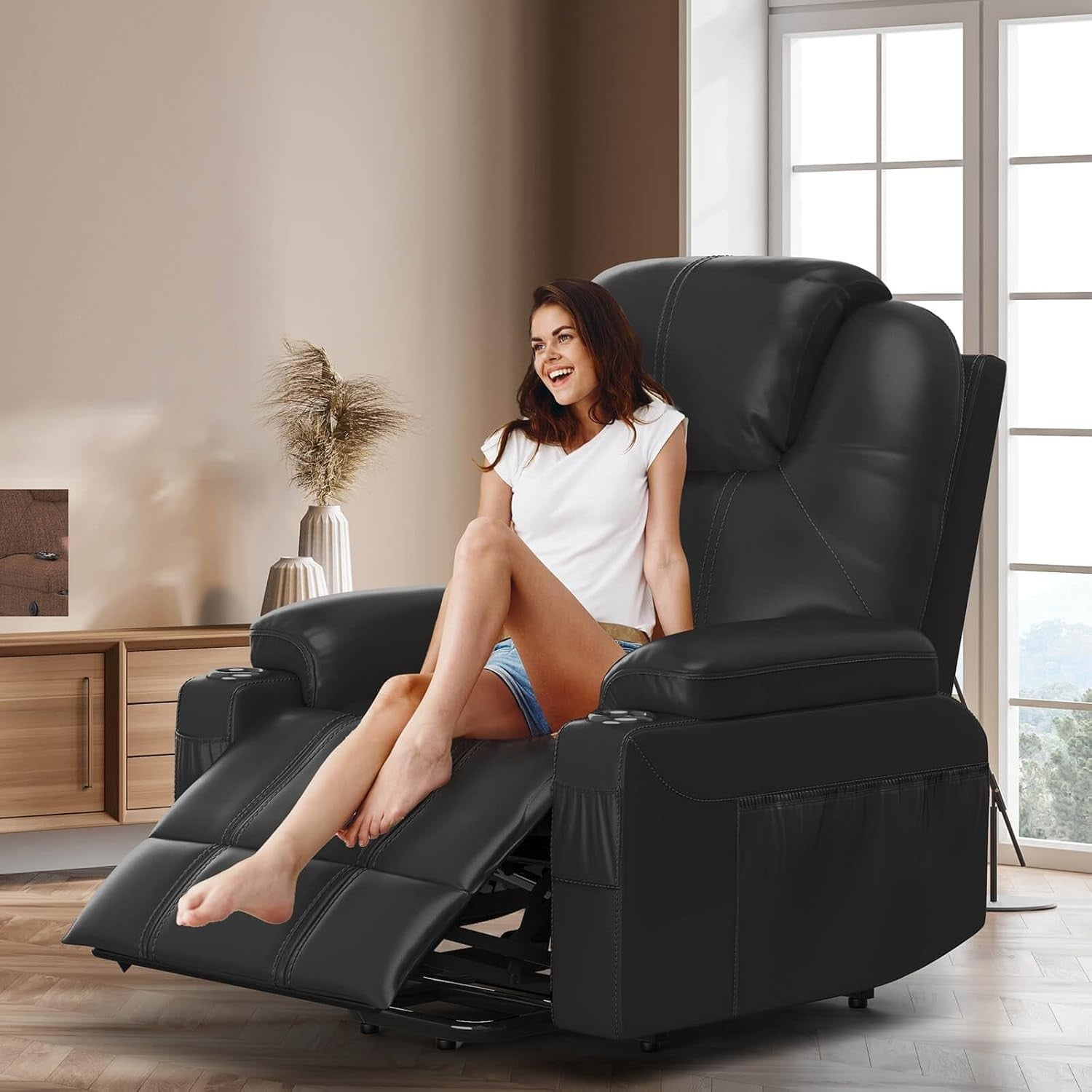 Power Lift Recliner Chair Massage Heat USB Type-C Cup Holders Faux Leather Black