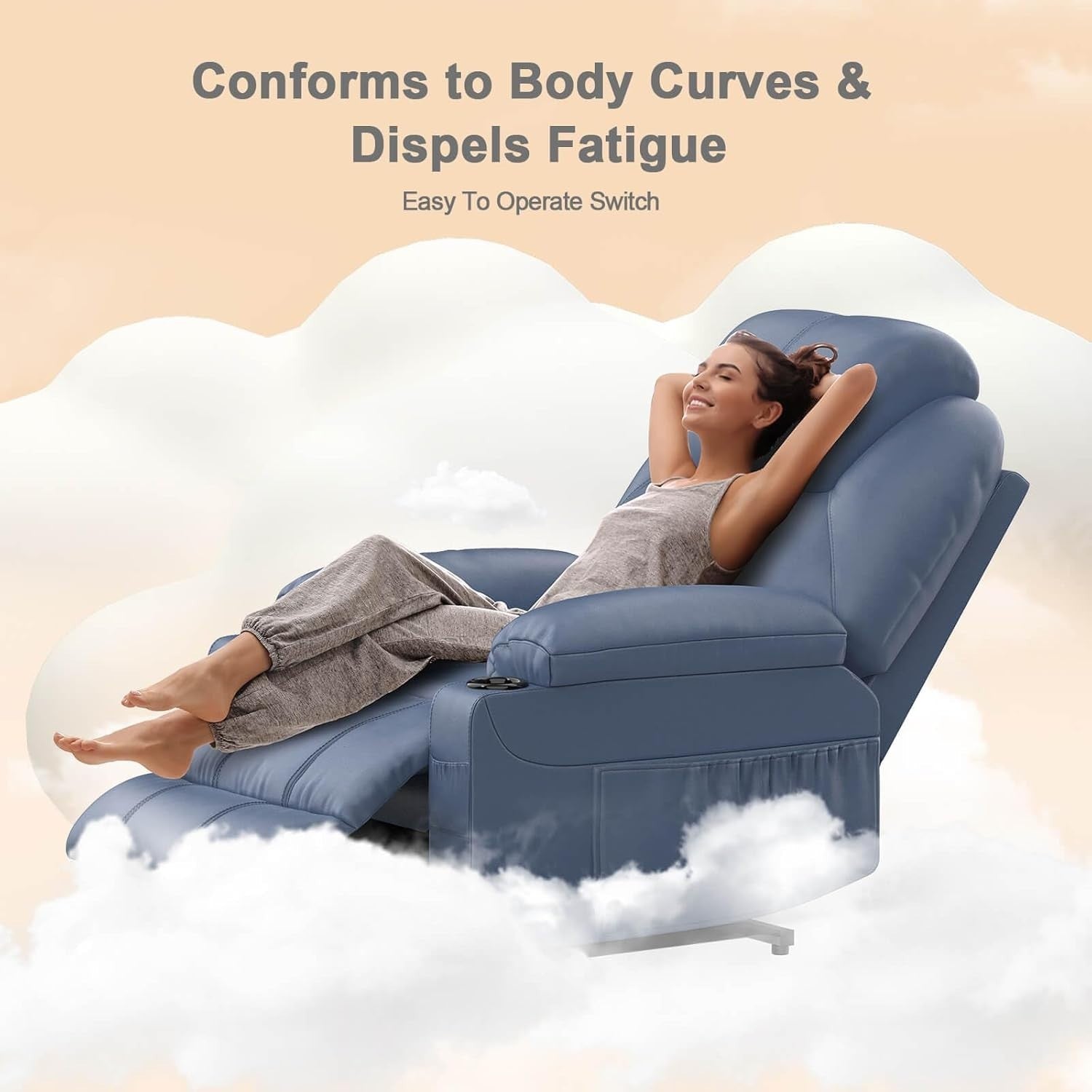 Power Lift Recliner Chair Massage Heat USB Type-C Cup Holders Faux Leather Blue
