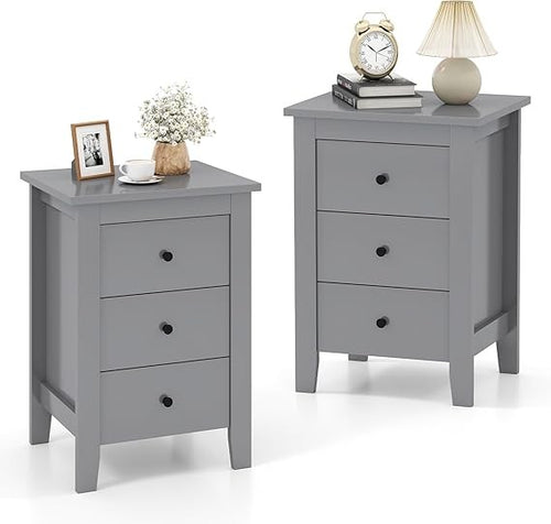 Grey Wooden Bedside Tables Set of 2 – 3 Drawer Modern Nightstands Bedroom