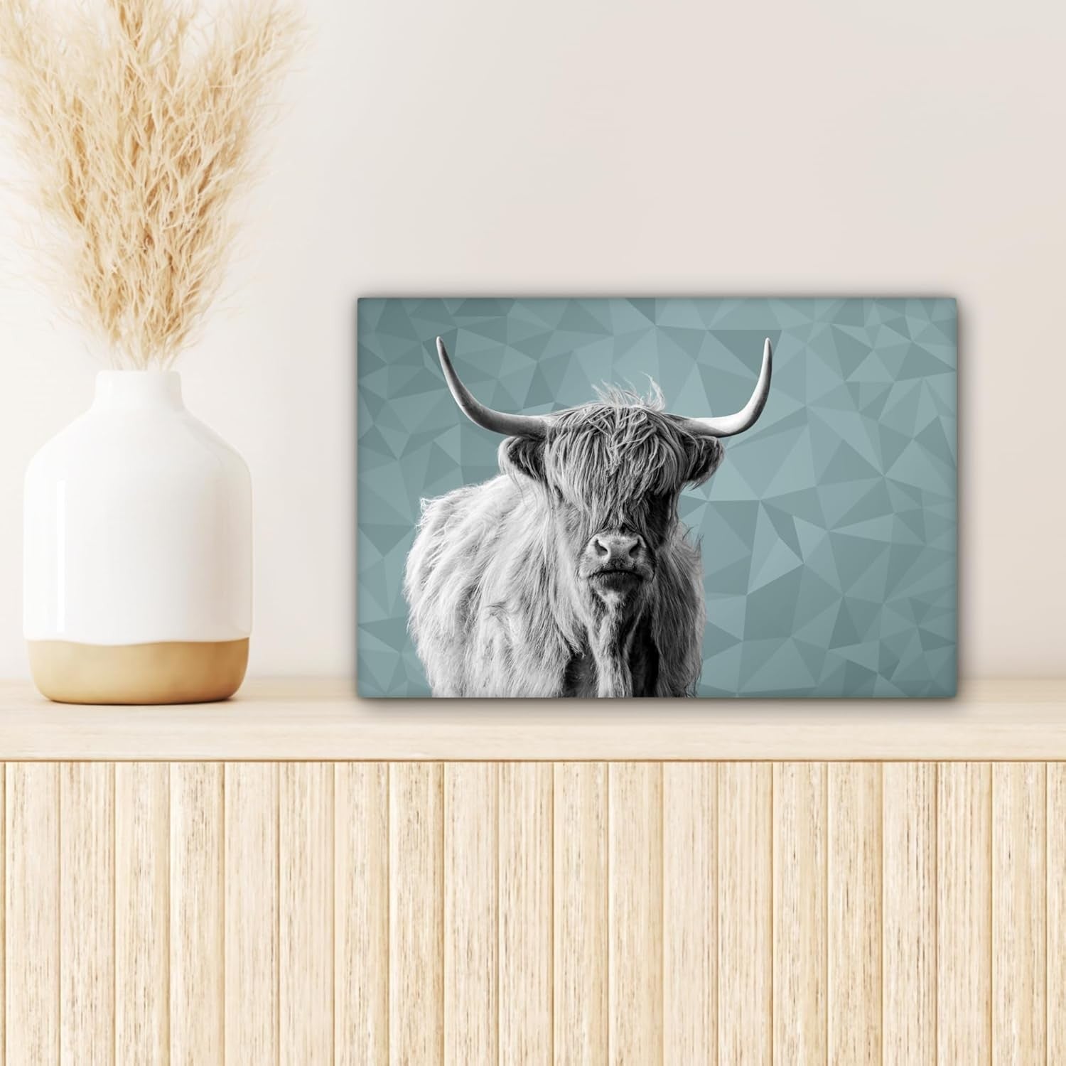 Highland Cow Canvas Wall Art 30x20cm Black White Modern Print