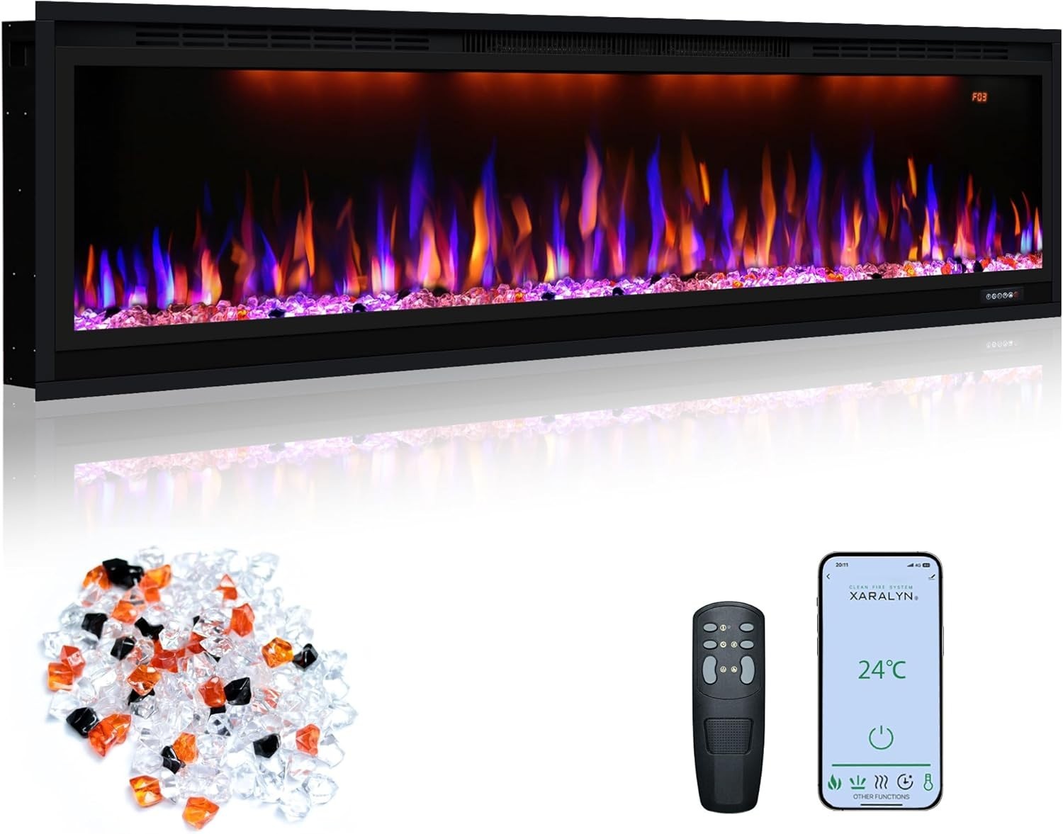 60" Electric Wall-Mounted Fireplace Heater w/ Remote, Multicolor Flames