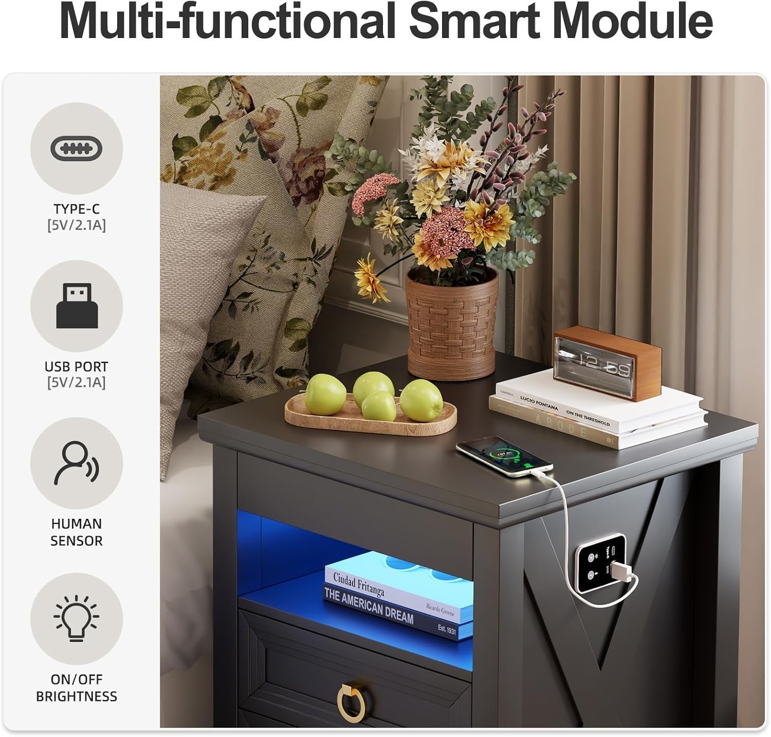 Black Smart Bedside Table with Wireless Charging, LED Lights & 4 Drawers Storage