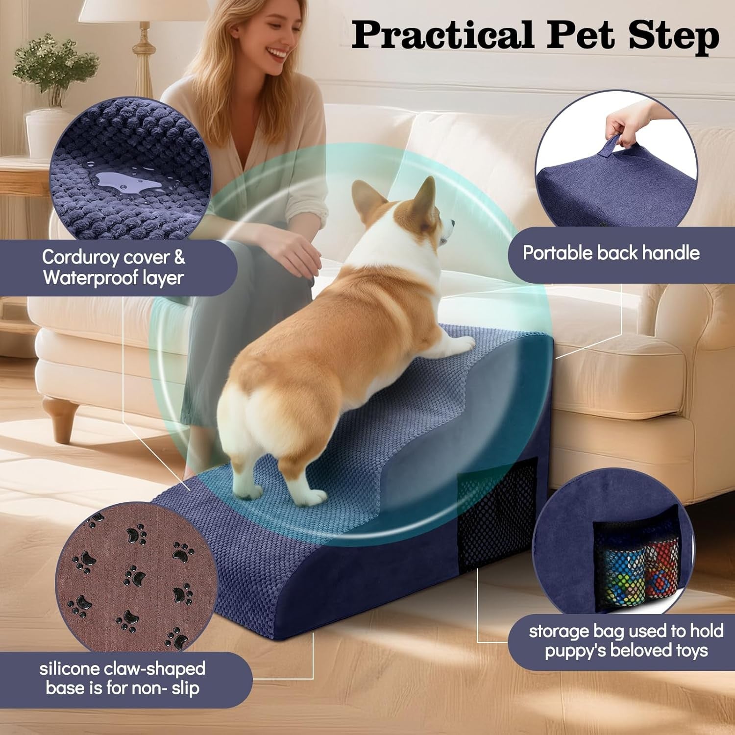 Dog Steps for Bed 3 Step Waterproof Pet Stairs Ramp 60x40x40cm Blue