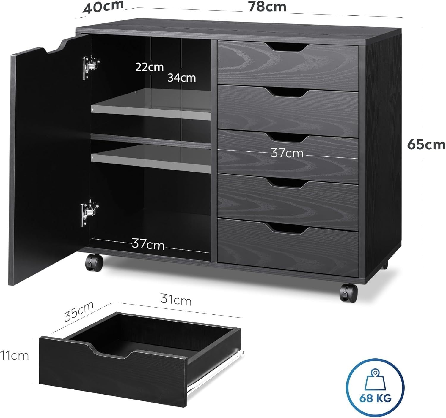 Black Rolling File Cabinet 5 Drawer Office Storage 78x40x65cm