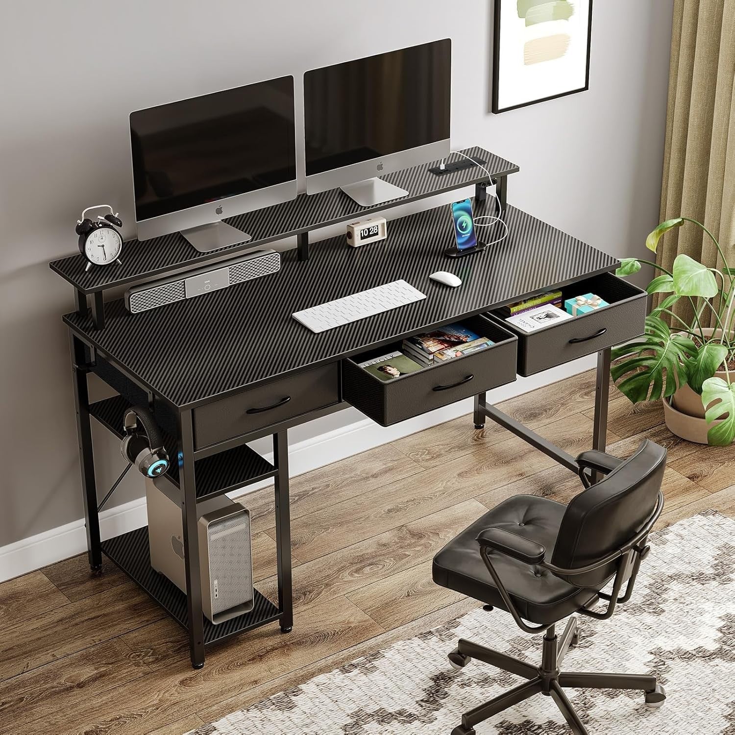 Black 120cm Computer Desk with Drawers, LED Lights & Power Outlets