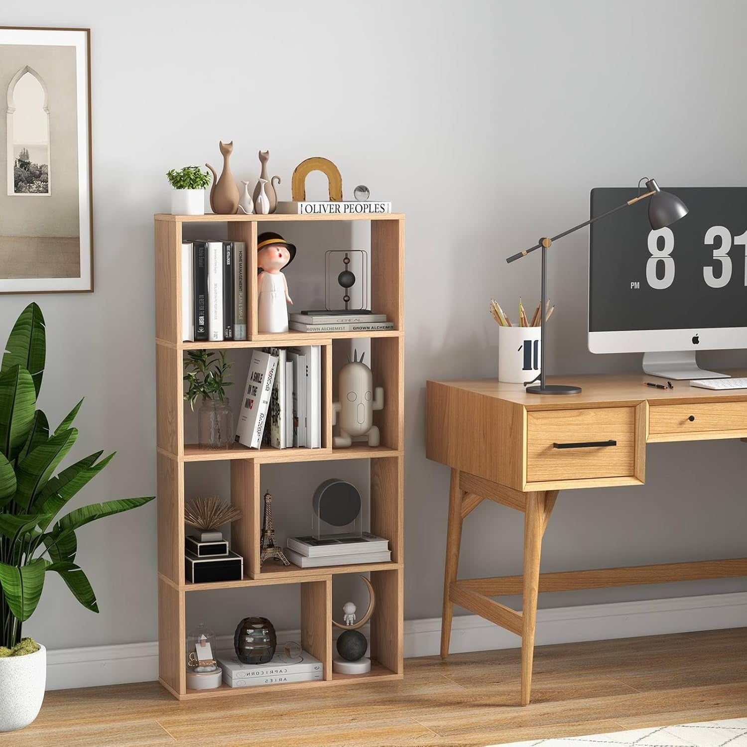 5-Tier White Geometric Bookcase Tall 8-Cube Storage Shelf for Home Office
