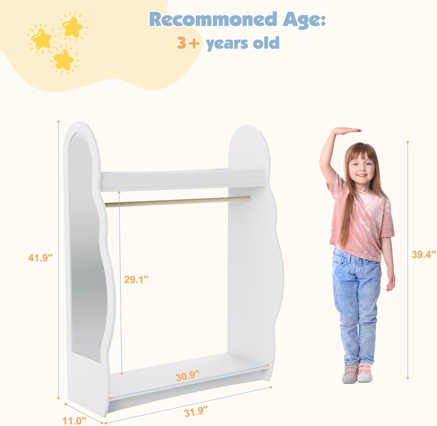Kids Wardrobe with Mirror & Hanging Rail, No Drawers, White Cloud Design