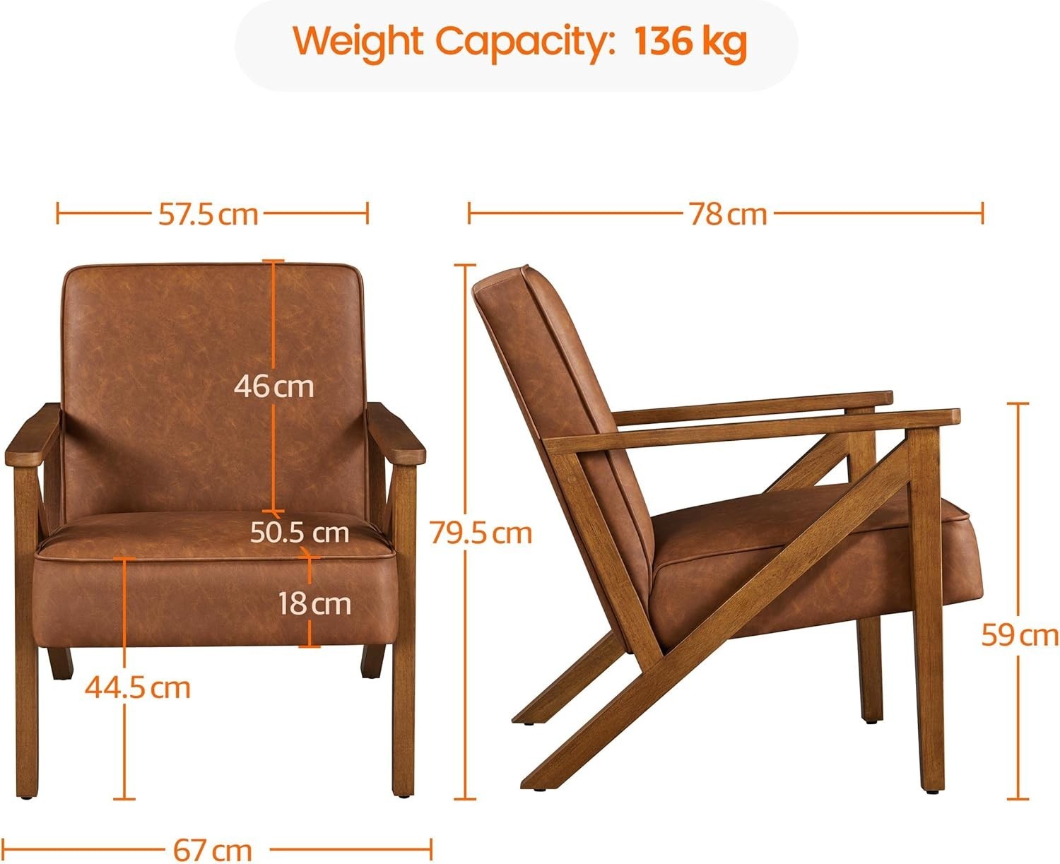 Retro Faux Leather Armchairs Set of 2, Lounge Chairs with Wood Legs