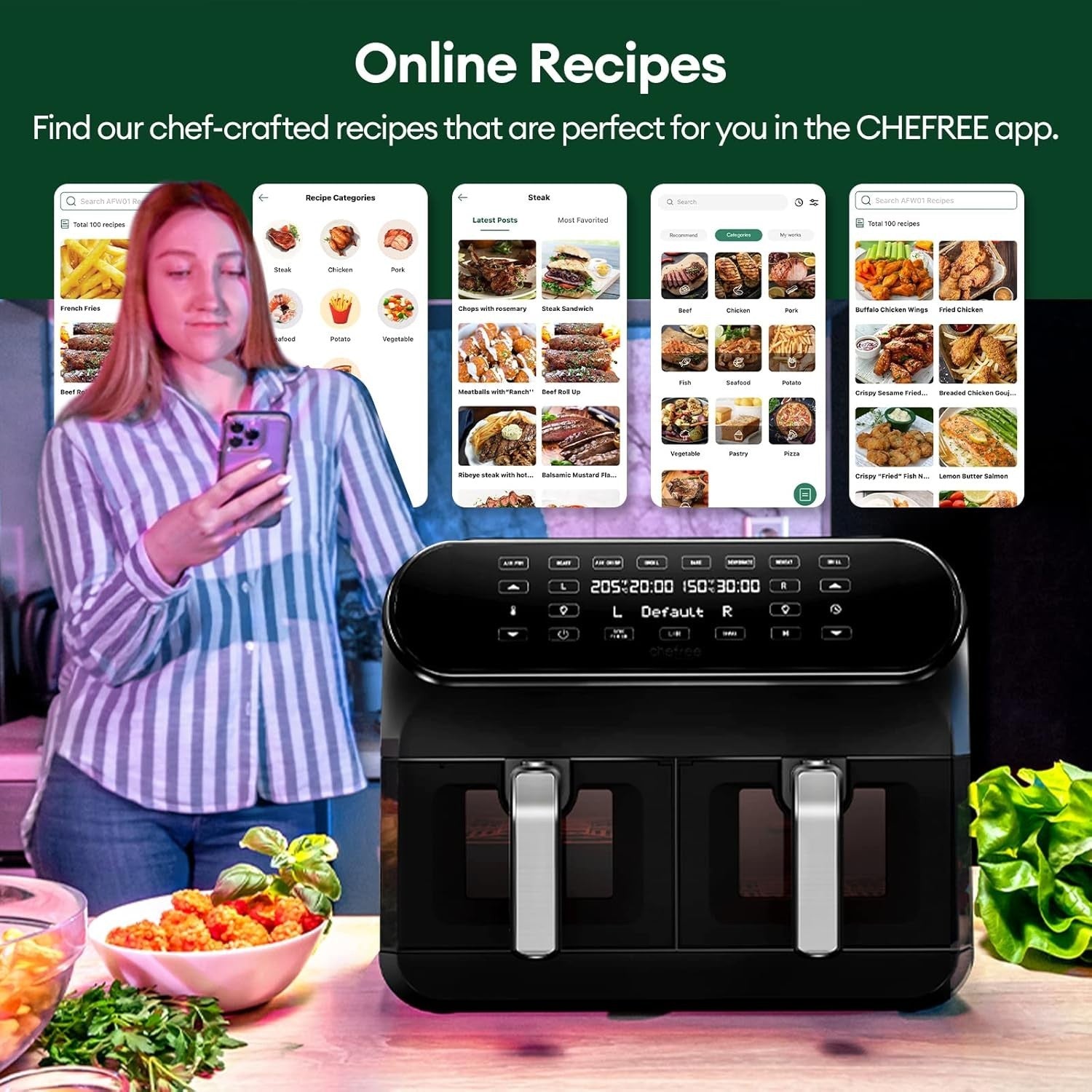 8L Dual Drawer Air Fryer with Viewing Windows  8-in-1 Touch Smart Cooker Low Fat
