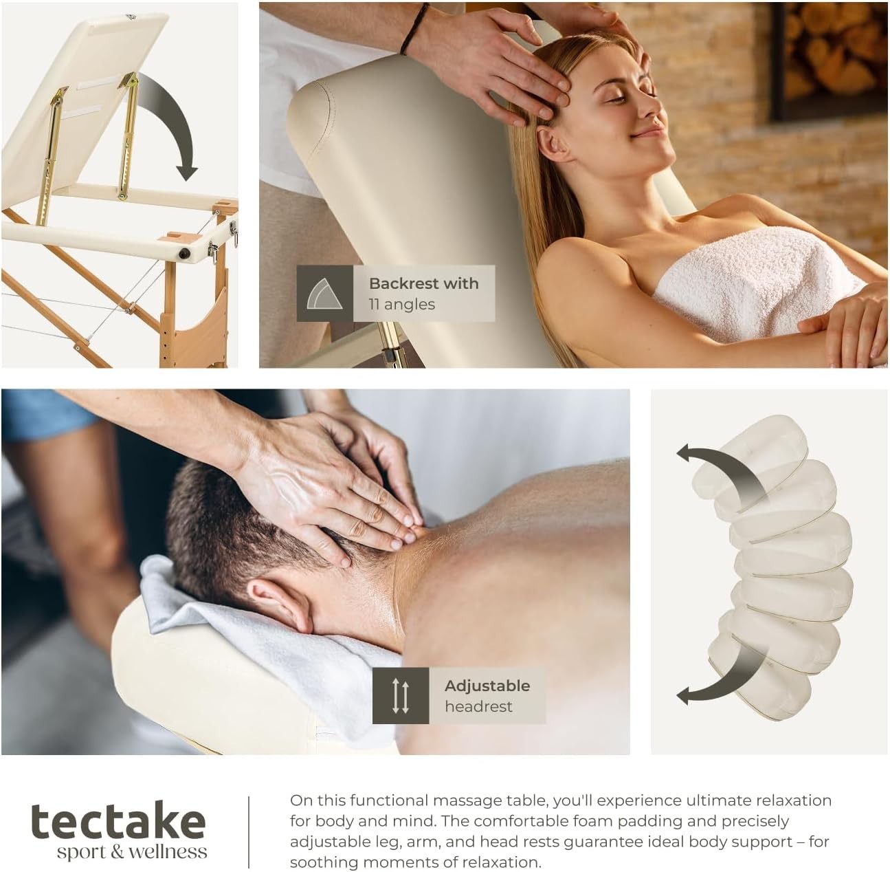 Portable 3 Zone Massage Table Foldable Therapy Beauty Bed 61cm Adjustable Beige
