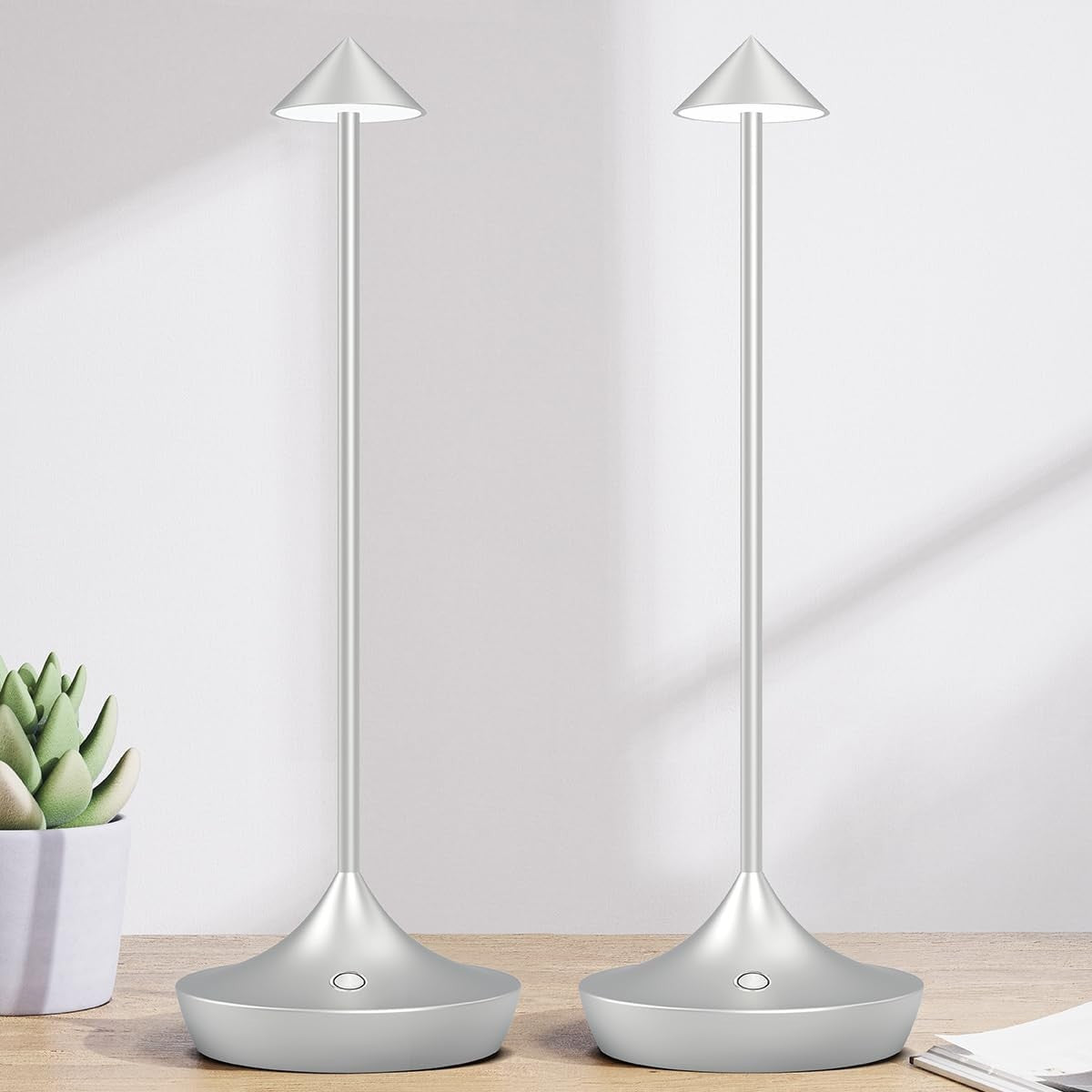 Rechargeable Cordless LED Table Lamps 2pcs Silver, Dimmable, Portable