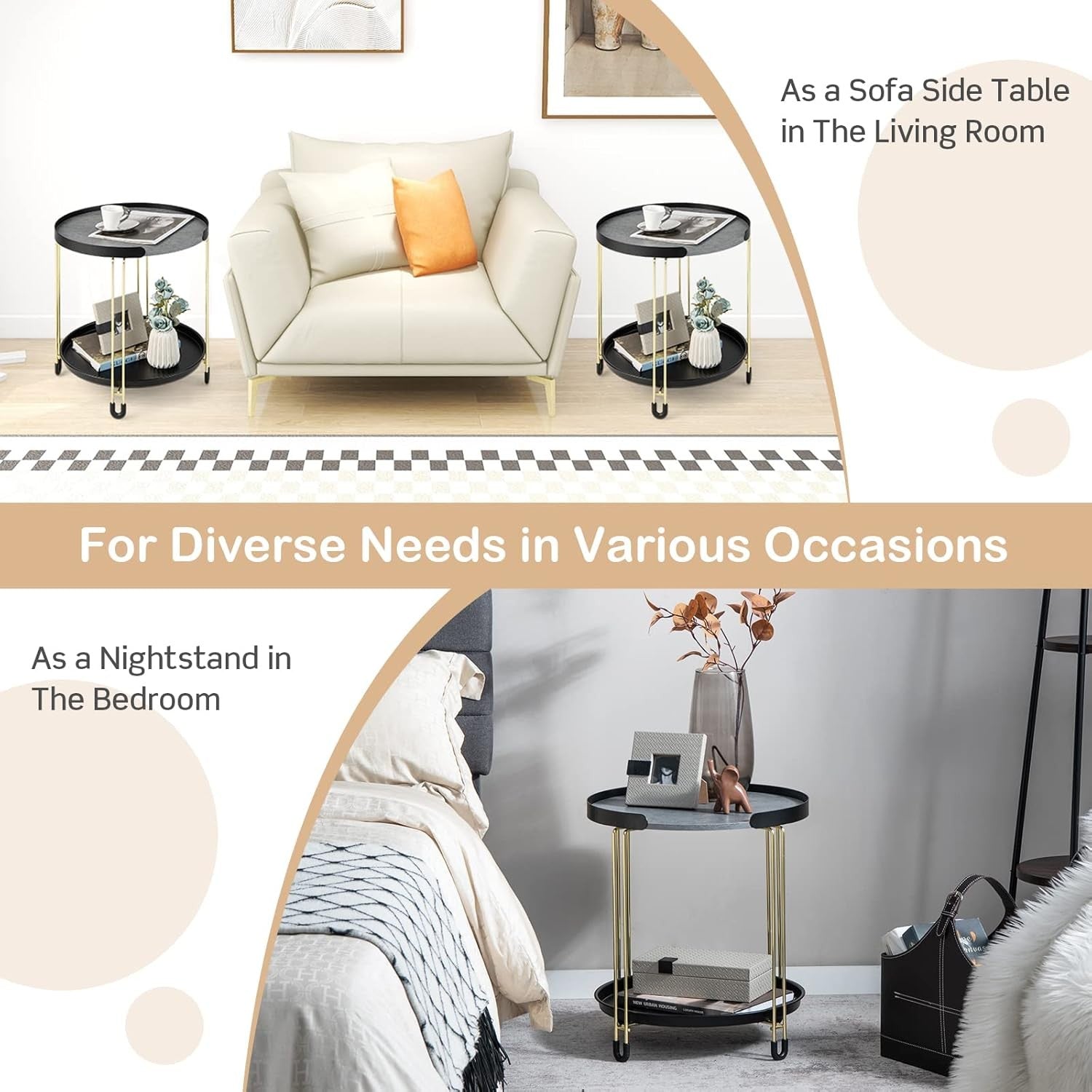 Round Marble Side Table Black Gold | 2-Tier Sofa End Table with Tray & Wheels