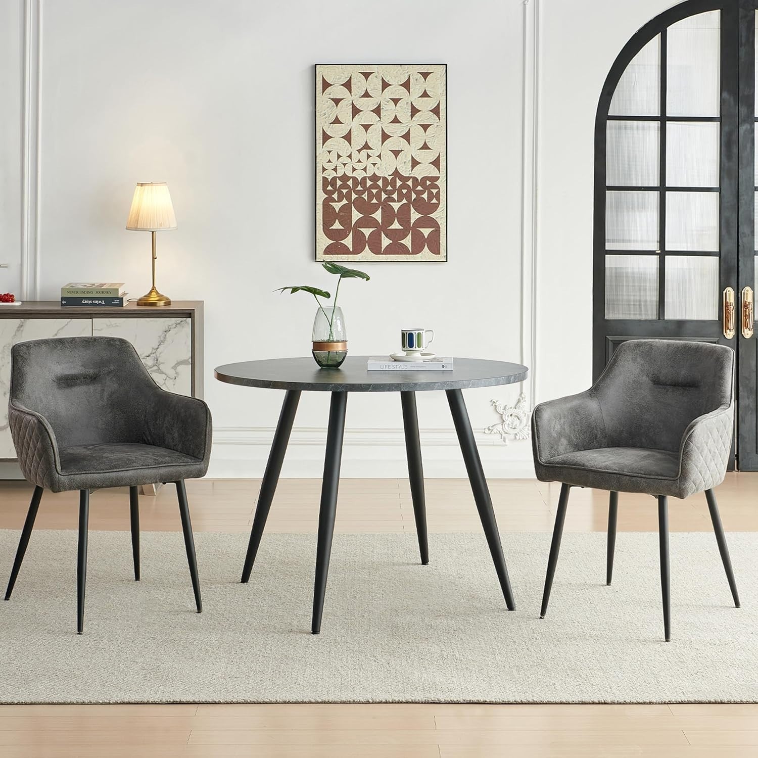 Round Black Marble Dining Table Set with 2 Grey Faux Suede Chairs Kitchen